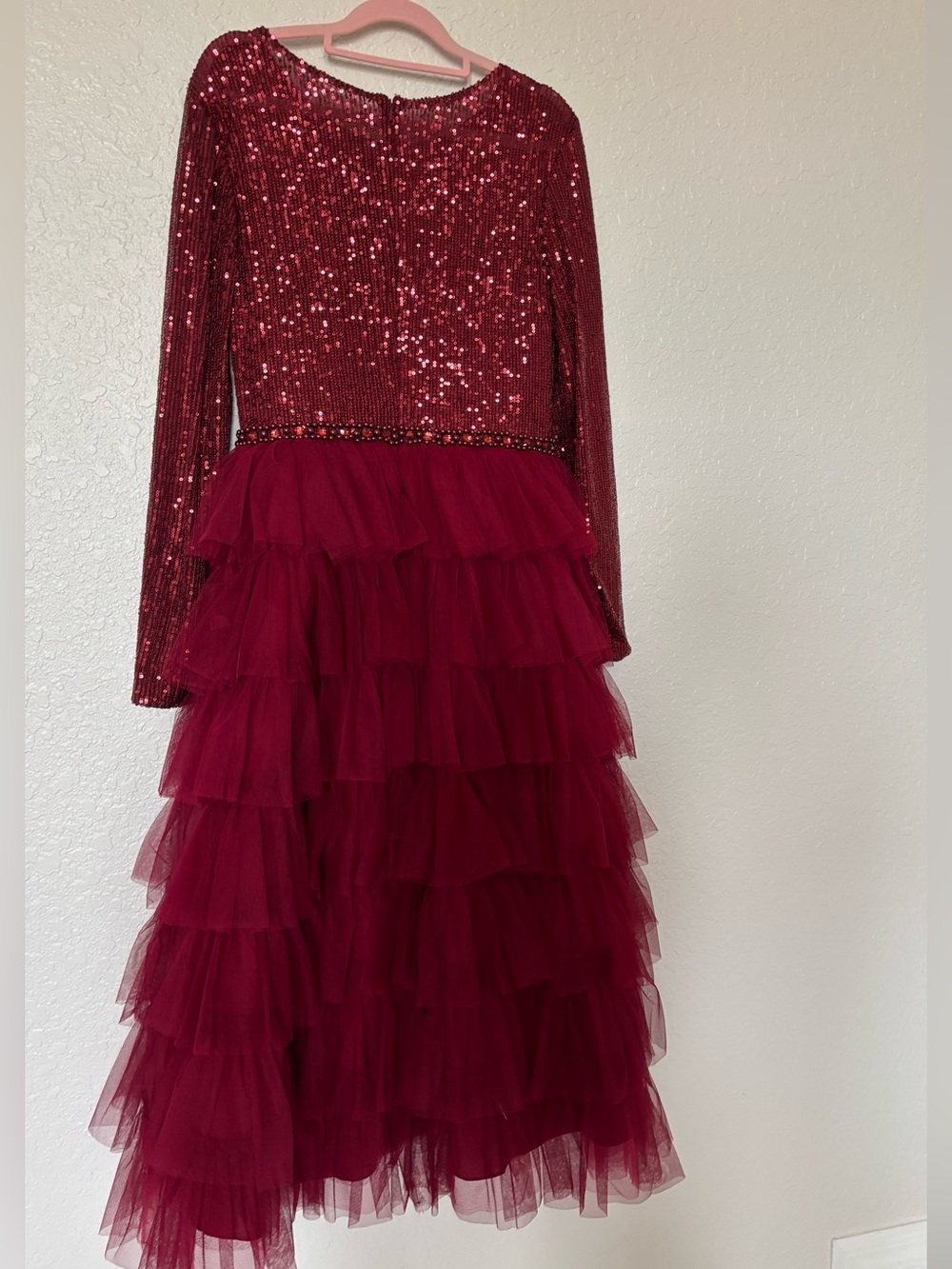 IEENA for Mac Duggal Style 26299 Burgundy Sequin Bodice Tiered Tulle Midi Dress - Picture 3 of 16